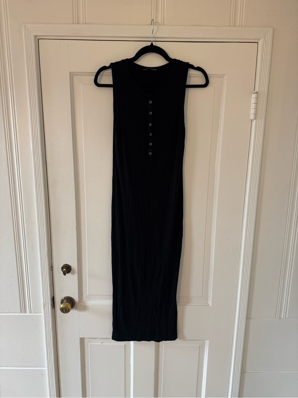 Sleeveless Black Ribbed Button-Front Midi Dress